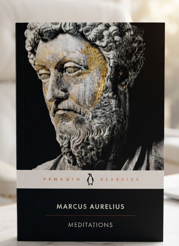Front cover of Meditations by Marcus Aurelius featuring a classical portrait or statue of the Roman emperor with elegant typography.
