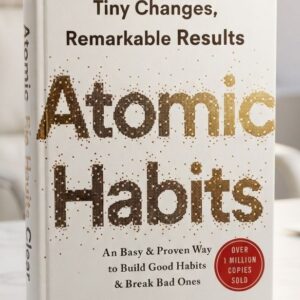 Front cover of Atomic Habits: An Easy & Proven Way to Build Good Habits & Break Bad Ones by James Clear featuring the title in bold gold lettering on a clean white background.