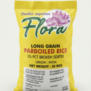 Yellow 50kg bag of Flora Qualité Suprême Long Grain Parboiled Rice featuring a purple lotus flower graphic and production details, available at Arezom Fresh.